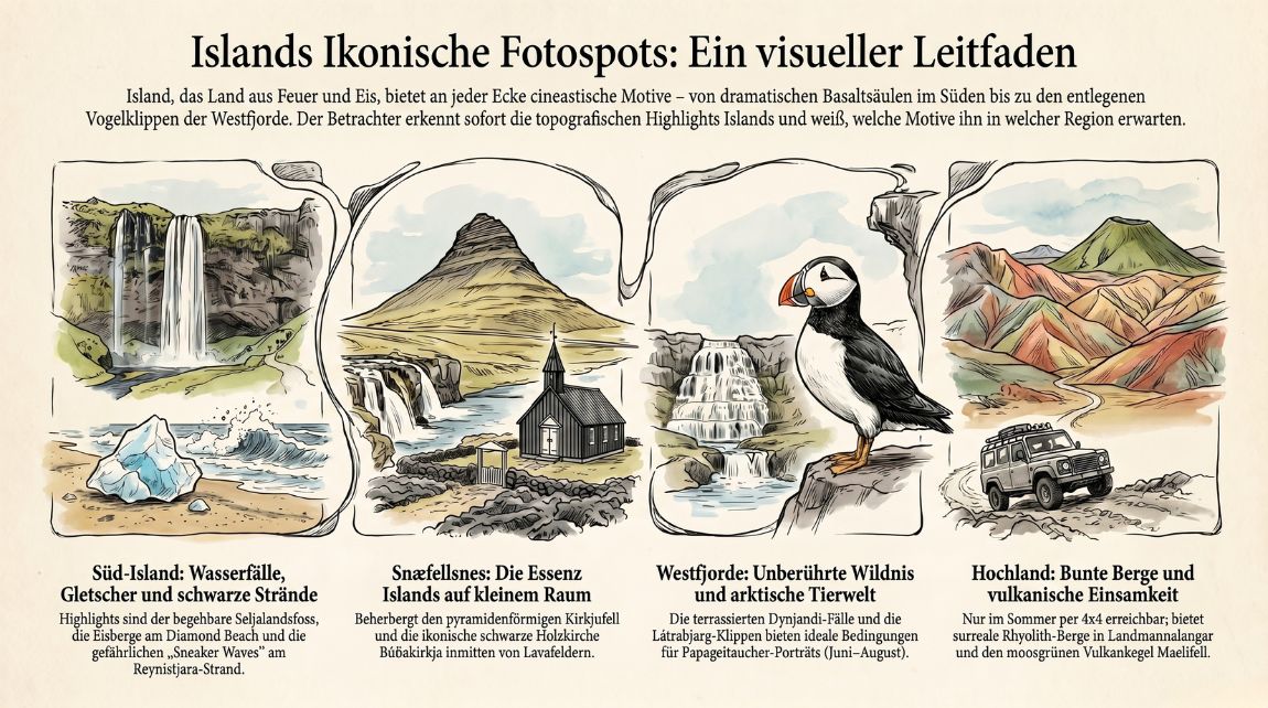 Illustrierte Infografik zu bekannten Fotospots in Island mit Motiven für Landschaftsfotografie und Reiseaufnahmen.