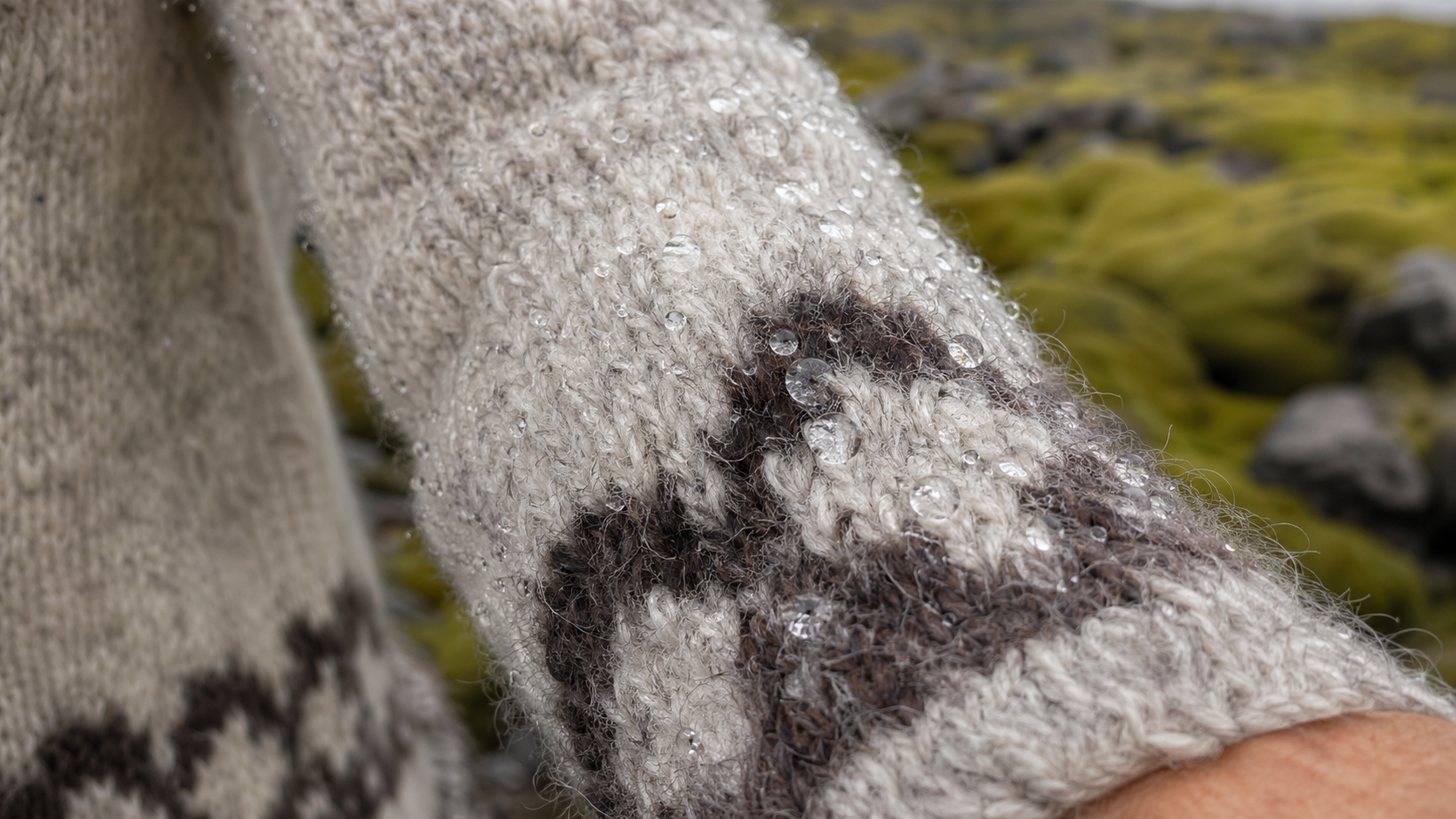 Regentropfen auf der Wolloberfläche eines Islandpullovers
