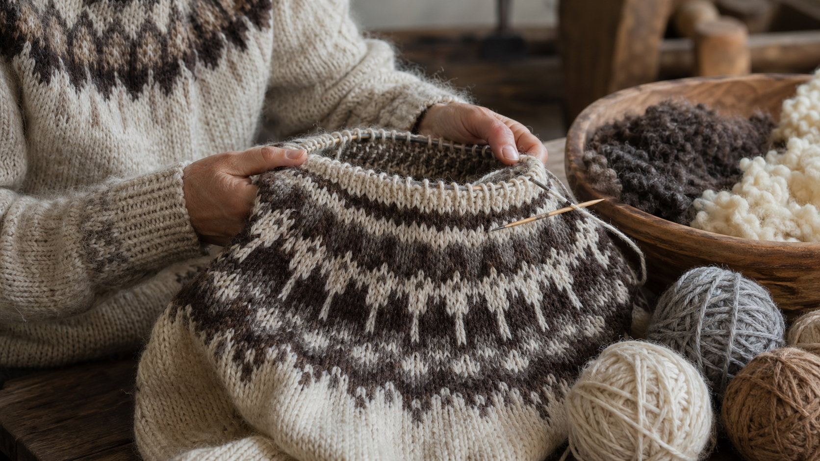 Handwerkliche Details beim Stricken einer Lopapeysa