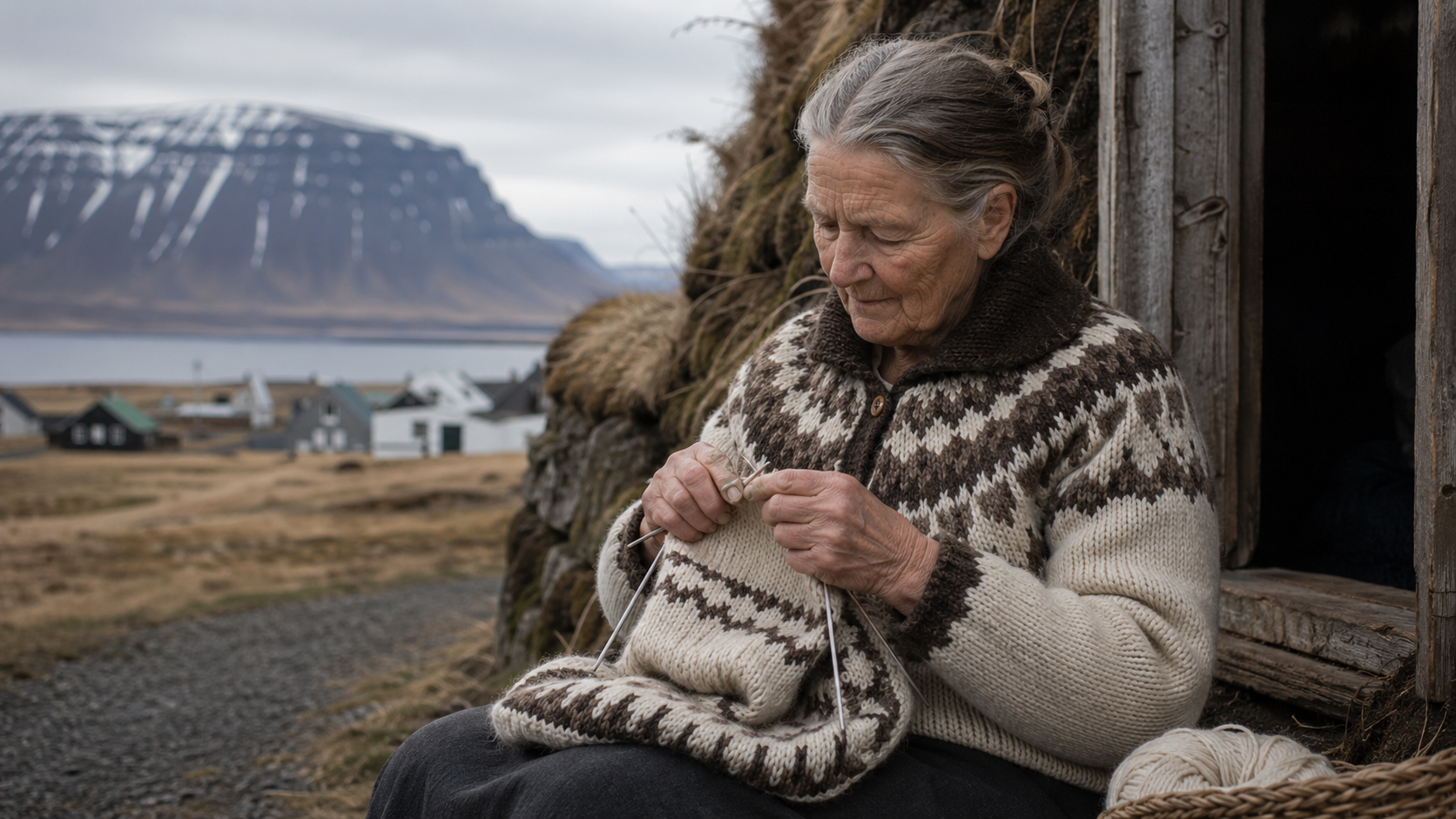 Traditionelles Stricken eines Islandpullovers in isländischer Umgebung