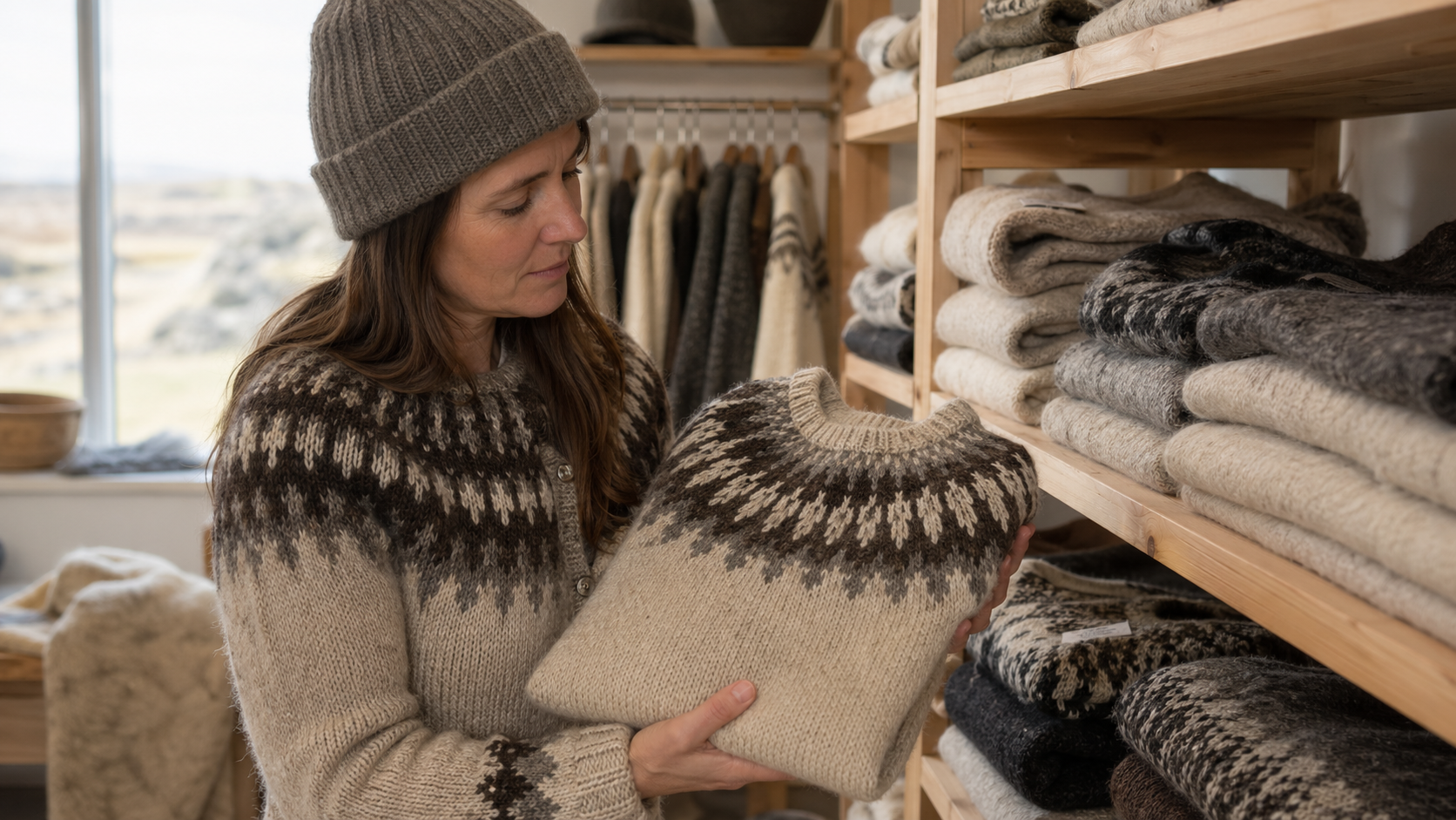 Person wählt einen hochwertigen Islandpullover aus