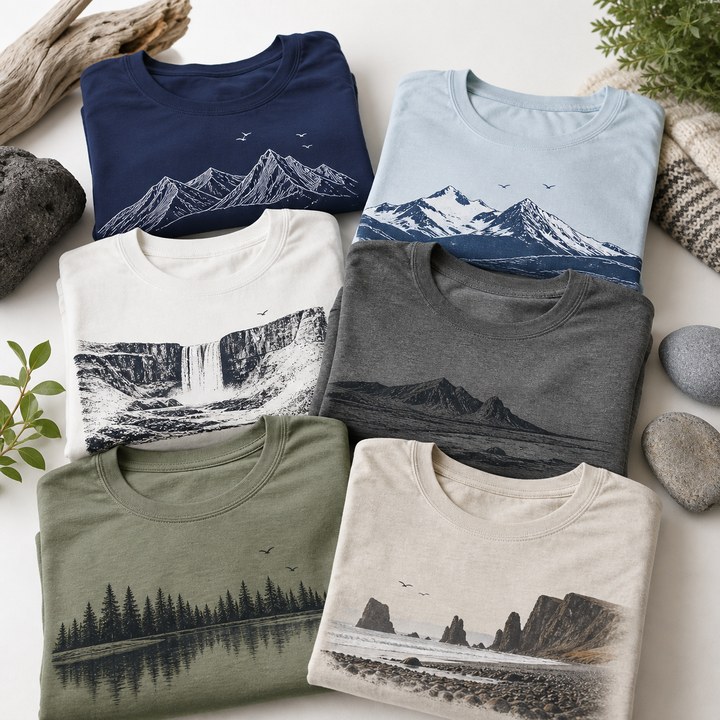 Gefaltete T-Shirts mit Island-Motiven
